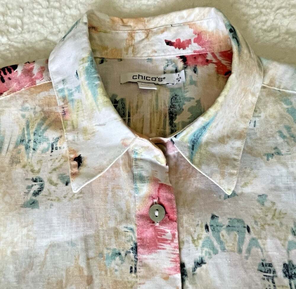 Chicos 1 Womens 8/M Linen Watercolor Art Button Shirt 3/4 Sleeve Resort Coastal - Picture 13 of 16